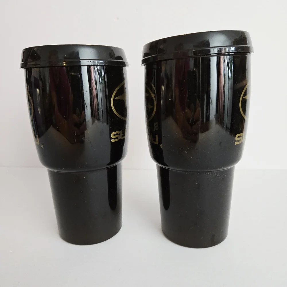 Subaru Car Travel Mugs Handles Plastic Sip Cups Lids Black Gold Collectibles